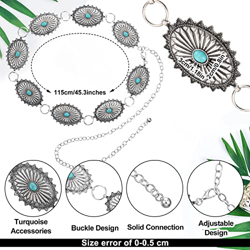 Junkin 2 Pcs Women Concho Western Chain Belts Turquoise Chain Antique Western Waist Country Metal Link Belt(Green, Blue)2