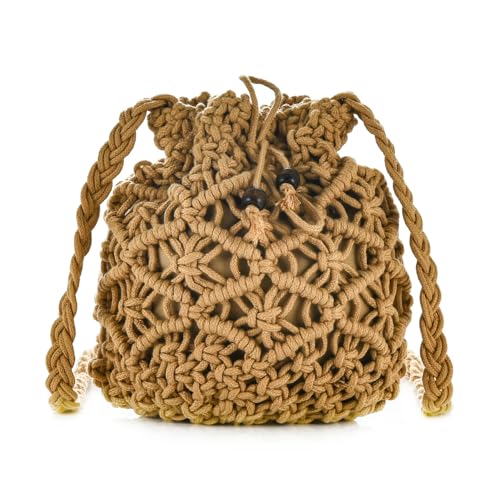 Women Small Crochet Crossbody Bag Hand Woven Drawstring Shoulder Beach Bucket Hobo Purse Travel Daily Vacation Tote Handbag