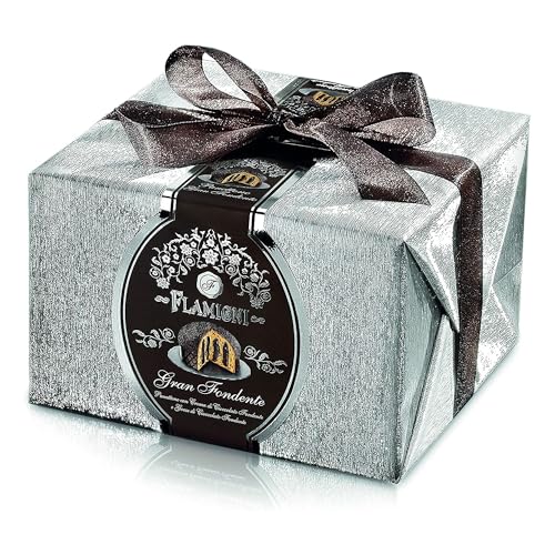 FLAMIGNI, Panettone Artisan Grand Dark con crema pastelera de cacao y gotas de chocolate amargo, glaseado con chocolate y copos de chocolate amargo, paquete de Navidad, 950 gr