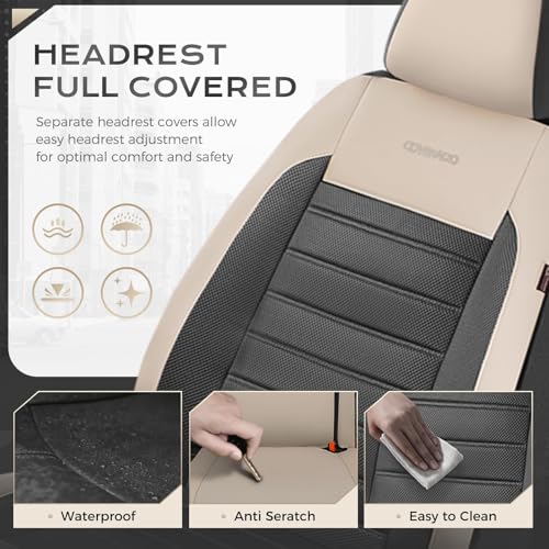 Image of Coverado Car Seat Covers Full Set, Luxury Leather Car Seat Covers, Automotive Front and Rear Mesh Seat Covers, Full Set 5 Seats, Black Beige Seat Covers for SUV Sedan Truck
