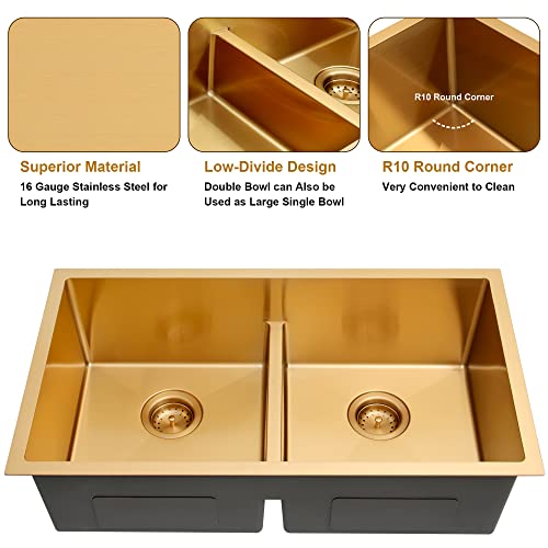 Zeesink 32" X 18" Double Bowl Kitchen Sink,Low-Divide 50/50 Double Sink,Undermount Kitchen Sink Gold,16 Gauge Stainless Steel Kitchen Sink #TOP5