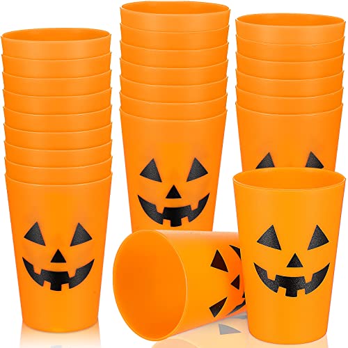 Yetene 24 Pieces Halloween Plastic Cups Bulk Reusable 8 oz Pumpkin Design Party Drinking Cup Jack O Lantern Halloween Cups for Adults Orange Plastic Cup for Party Favors Supplies Tableware Tumbler