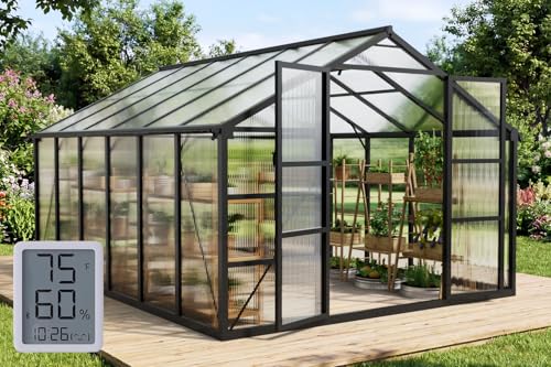 10x12FT Green Houses for Outside with Hygrometer, Double-Door Polycarbonate Greenhouse with Drainage Channel, Large Heavy Duty Greenhouse with Aluminum Frame, Roof Vent for Backyard or Garden Use