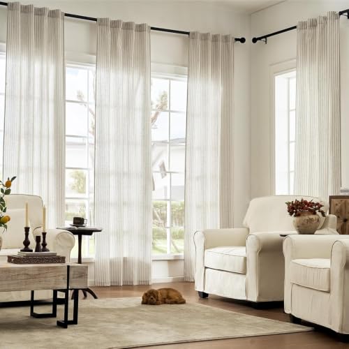 jinchan Linen Curtains 84 Inch Taupe Grey Stripe on Beige Back Tab 4 Panels