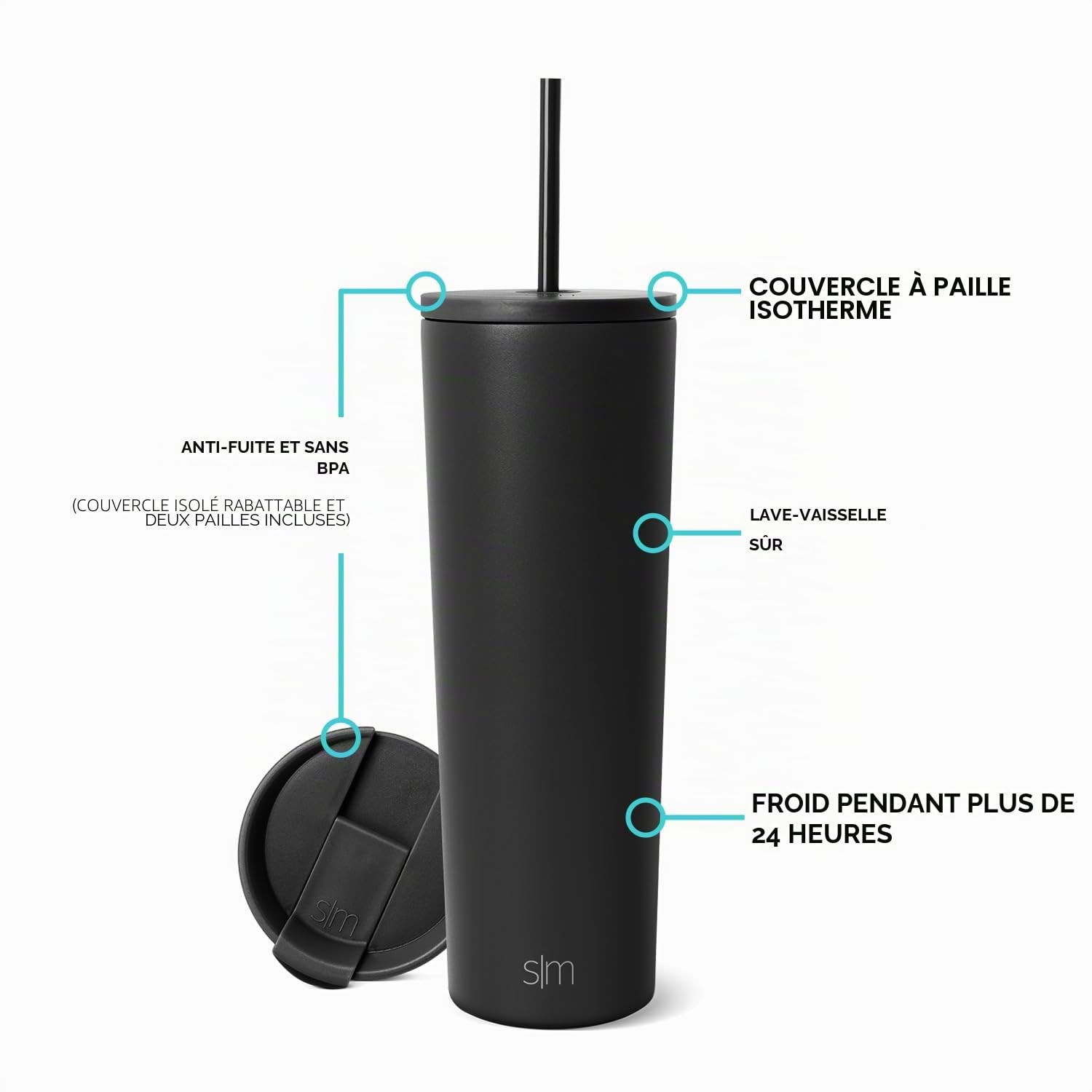 Simple Modern Verre Thermique avec Paille et Couvercle| Tasse à Café, Bouteille d'Eau Réutilisable en Acier Inoxydable | Cadeaux pour Femmes et Hommes | Classic Collection | 830ml | Midnight Black