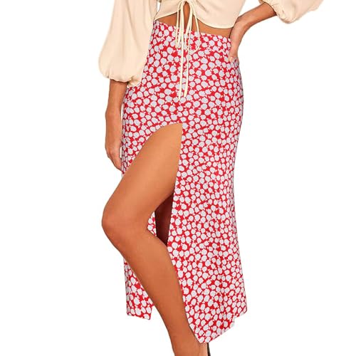 Women's Casual Boho Floral Side Split Skirt Elastic High Waist A Line Summer Beach Midi Skirt2