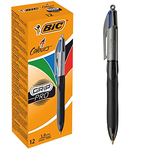 BIC 4 Farben Kugelschreiber Set 4 Colours Grip Pro mit gummierter Griff-Fläche 12er Pack Ideal für das Büro das Home Office oder die Schule