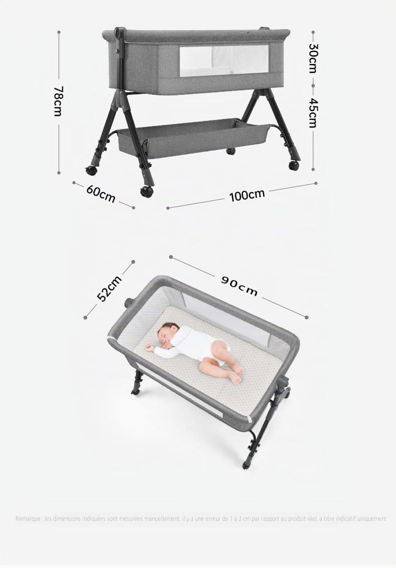 Cododo Bebe avec Table à Langer, Lit Cododo Pliable, Multifonctionnel Lit Bebe, 3 Niveaux de Réglage de La Hauteur (X3 Grey)