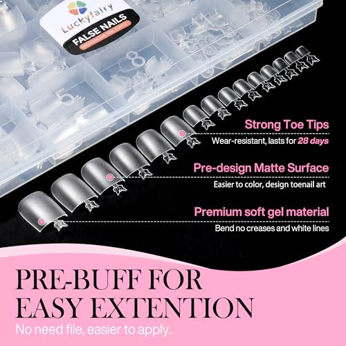 Image of Luckyfairy Square Toe Nail Tips, 504Pcs 15 Sizes Full Cover Press On Toenails for Women, Long Wider Pre-etched Double Matte Fake Toenails for Big Toe Nail Extensions Home DIY Salon Soak Off