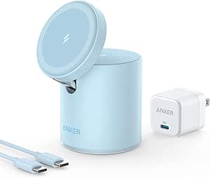 Anker Magnetic Wireless Charger, 623 MagGo 2-in-1 Wireless Charging Station with 20W USB-C Charger, for iPhone 14/14 Pro/14 Pro Max/13/13 Pro Max, AirPods Pro (Misty Blue)