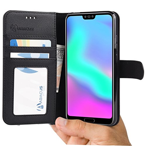 Abacus24-7 Coque Honor 10 [Noir] Etui à Rabat en Cuir Housse de Protection pour Huawei Honor 10, Format Portefeuille avec Emplacements Carte, Coque Clapet Huawei Honor 10 Case