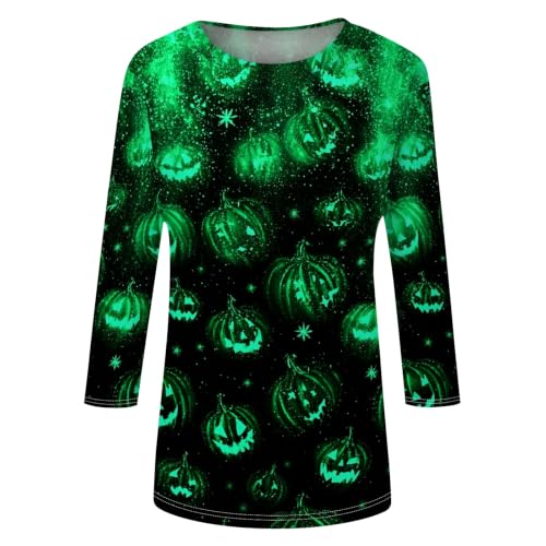 Image of Women Spooky Halloween Graphic Shirt 3 /4 Length Sleeve Crewneck Top | Halloween Funny Printed Pumpkin Plus Size Tshirts 2026 Fall Outfits Skeleton Tee Going Out Tops