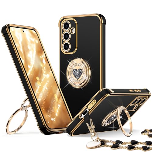 Image of XYZ for Galaxy S25 FE Case with Stand - Phone Case with Double Ring Kickstand - Women Girls Bling Luxury Protective Phone Cover Heart for Samsung S25 FE 5G, Black