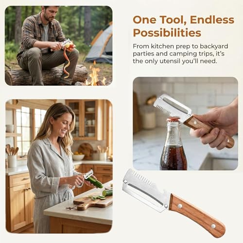 Image of 3-in-1 Vegetable Peeler for Kitchen with Bottle Opener, Dual Stainless Steel Blades & Wooden Handle, Multifunction Fruit and Potato Peeler for Carrot, Cucumber, Apple & Vegetables