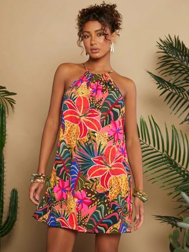 Image of KATECLO Women's Summer Halter Neck Printed Mini Dress - Casual Loose Fit Sleeveless Boho Beach Dress, Lightweight Vacation Sundress for Women