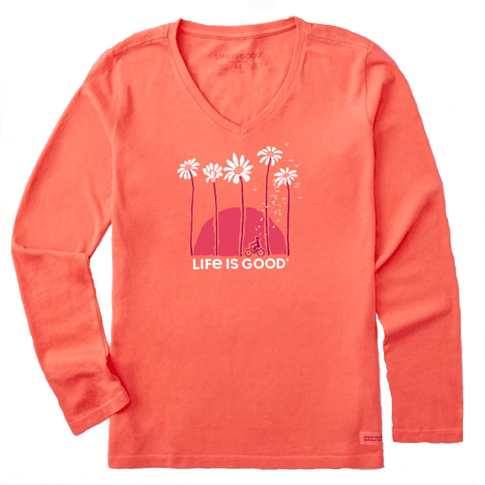 Life is Good Women's Long Sleeve Crusher-Lite Vee Towering Daisies Bike, Size
