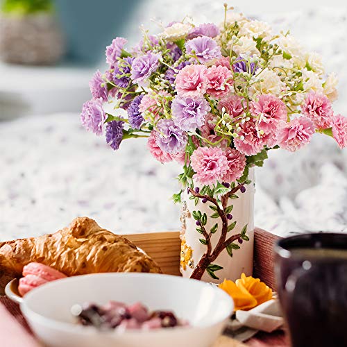 SNAIL GARDEN Artificial Carnations Flowers,60 Heads 3 Bundles Silk Realistic Mini Chrysanthemum Bouquet,with Greeting Card & Brown Paper Bag for Home Office Table Decoration Gift(White/Pink/Purple) - Image 8