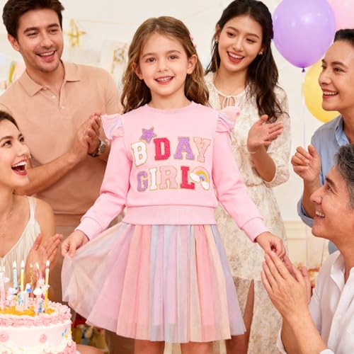 WISREMT Toddler Girls Dress Baby Fall Clothes Letter Embroidery Long Sleeve Sweatshirt and Tutu Skirt Girl Birthday Outfit4