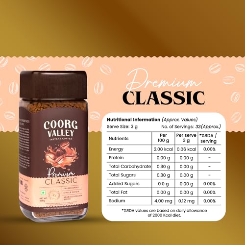 Image of Coorg Valley Premium Classic Instant Coffee 100g | 100% Pure Coffee | Freeze Dried | Bold & Strong Flavor