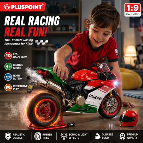 Image of PLUSPOINT Diecast Ducati Bike Motorcycle Toy 1:9 Scale Model with Sound Effects, LED Lights, Ignition System and Smoke Spray, Model Vehicle Toy Street Machine Alloy Simulation Super Bike