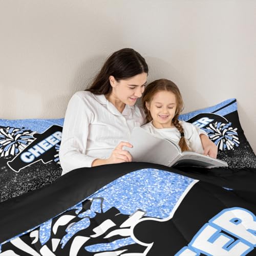 Image of Feelyou Glitter Cheer Comforter Set Toddler Size Blue Dreamy Girly Gymnastic Sports Comforter for Kids Boys Girls Gymnastics Lovers Bedding Set Cheer Sports Glitter Duvet Set Room Decor Quilt
