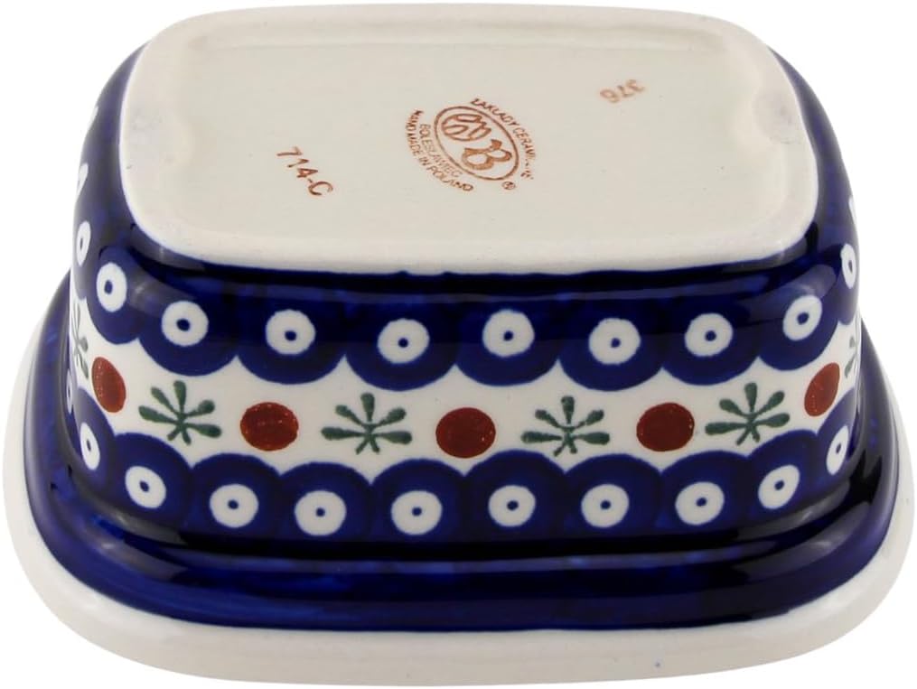 Polish Pottery Market Butter Dish with Lid, 5.75" L x 4" W x 4" H, Capacity: 14 Oz., Butter Container Keeper Storage, Handmade by Zaklady Boleslawiec Poland, Ceramic Butter Dish with Knob Handle