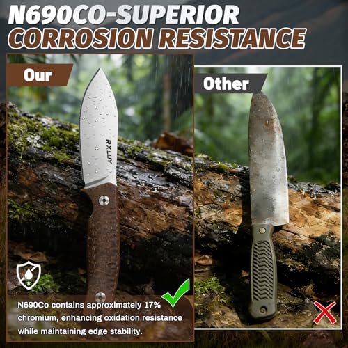 RXLUY Fixed Blade Knife with Kydex Sheath, 2.95" N690co Steel Blade, Ergonomic Mikata Handle, EDC Tactical Hunting Knives, Small Tool for Family Camping Survival Hiking,Gifts for Men Women (Brown) - image 6