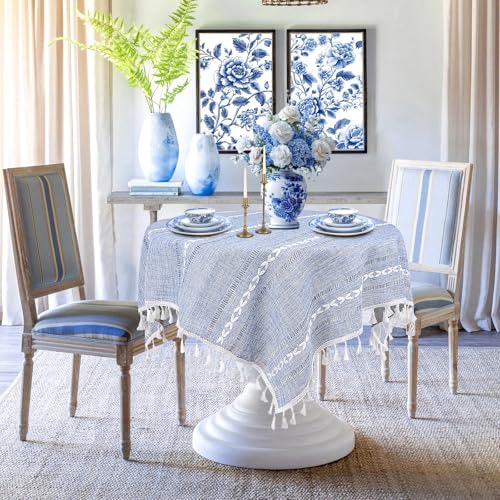 Small Blue Square Tablecloth 36''x36'', Spring Dusty Blue and White Linen Coffee Table Cover, Boho Nightstand Cover Top for Bedroom,End Table Cloth Runner, Summer Coastal Rustic Farmhouse Home Decor by tiosggd - Image 2
