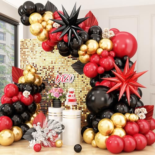 Red Black Balloon Arch Kit With Gold Star Foil Balloon