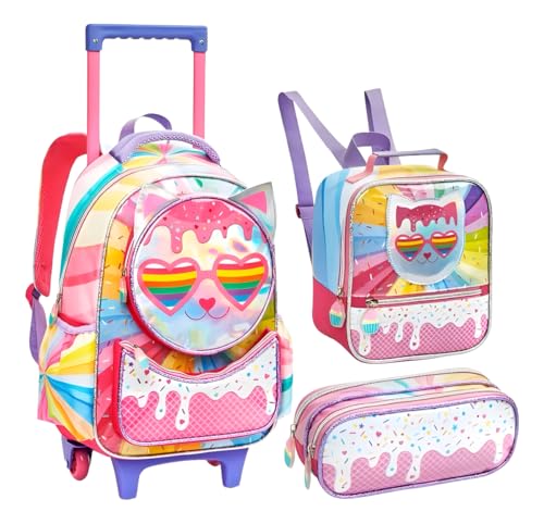 Kit Mochila Escolar Infantil com Rodinhas 3 em 1 para Menina – Mochila + Lancheira + Estojo – Mochila de Rodinha Feminina Infantil - Sereia, Unicórnio e Fada (Gatinho)