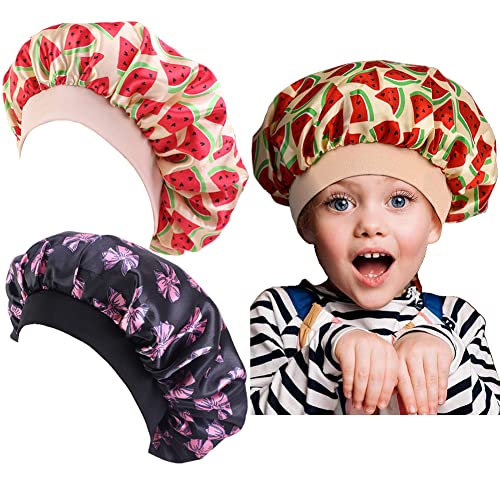 Wide Band Kids Satin Bonnet,Stretchable Sleeping Cap Silky Night Hats for Natural Hair,Baby Showering Caps (Watermelon+Pink Bow)