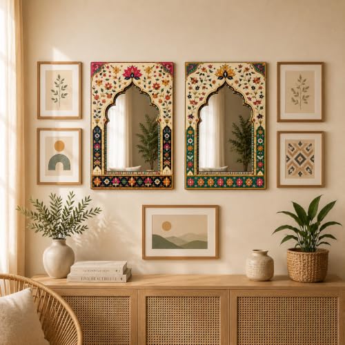 Image of American Elm Pack of 2 Jharokha Mirror Wall Decor for Home Decor Living Room and Entryway Mughal Floral Arch Acrylic Mirror Wall Hanging Ready to Hang