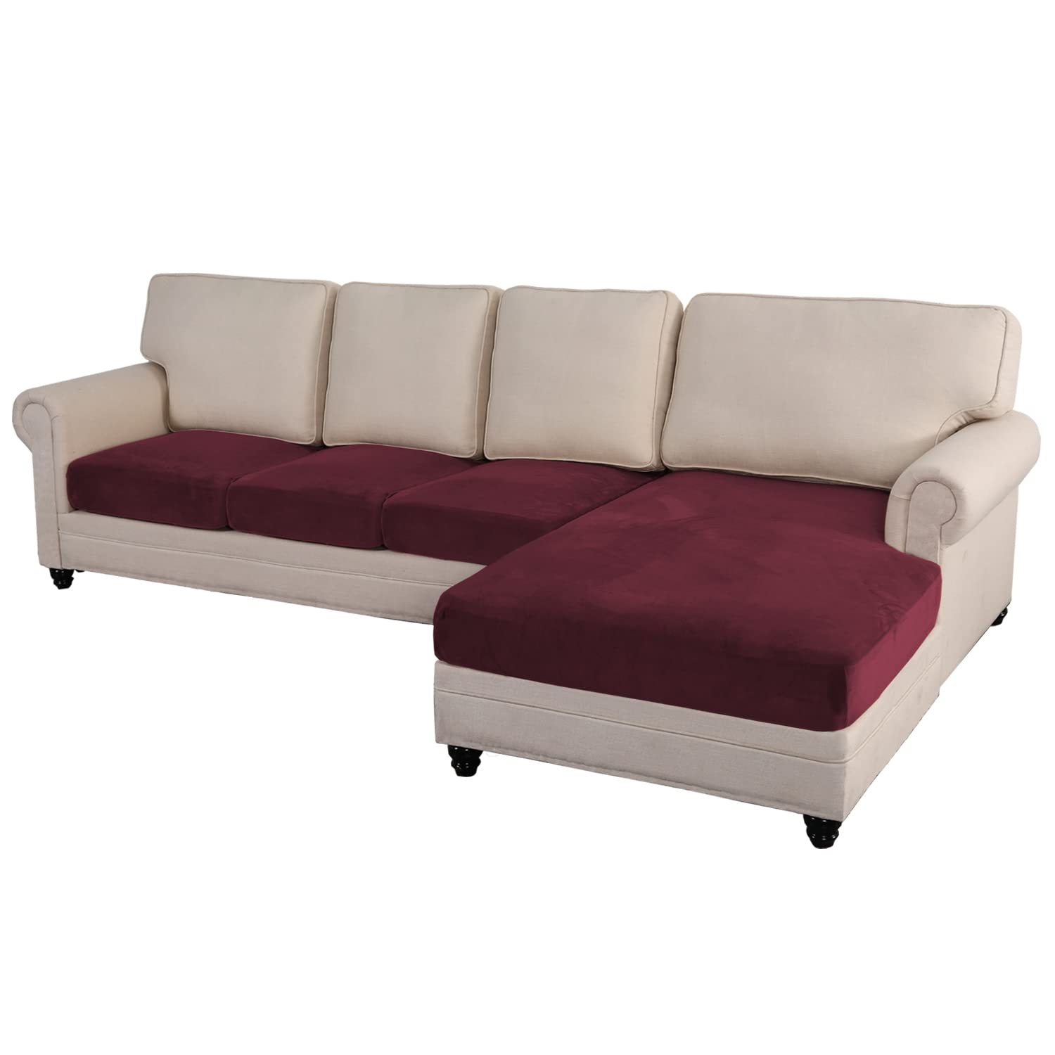 OKYUK Sectional Couch Covers 4 Pieces Velvet Sofa Seat Cushion Covers, L Shape Separate Cushion Couch Chaise Cover Elastic Furniture Protector for Both Left/Right Sectional Couch (Wine Red, 4 Seater)