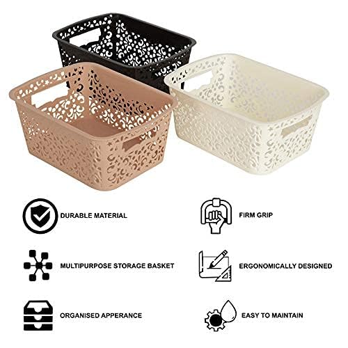 Image of Cutting Edge Essentials Plastic Storage Baskets /Shelf /Turkish Rack with Lid - Set of 3 for Fruit Vegetable Bathroom Stationary Home Basket with Handle (Brown,Beige & White - Large)
