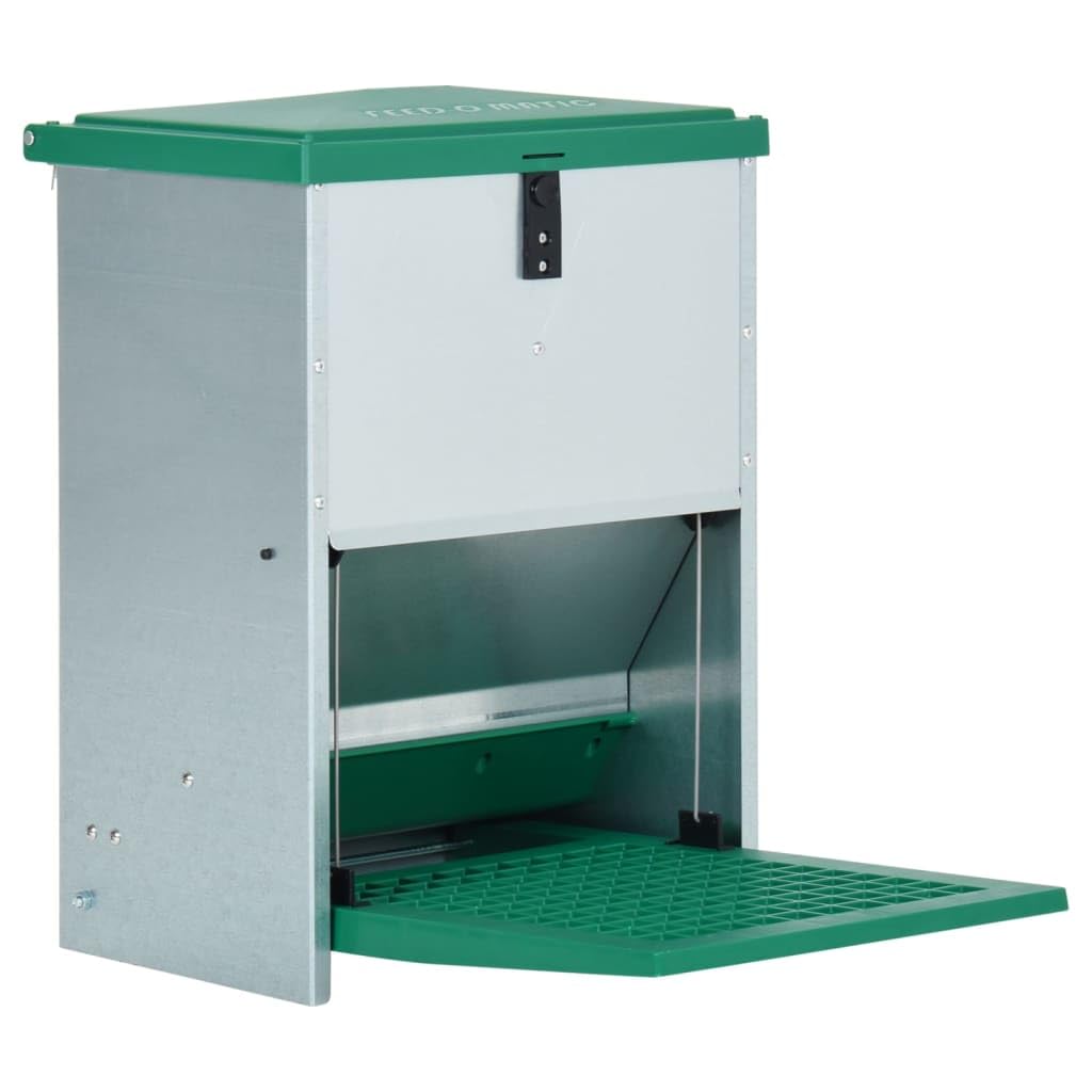 Geflügel-Futterautomat Feedomatic mit Pedal aus verzinktem Blech 12 kg Fassungsvermögen 33,5x23x50 cm rutschfest für automatisches Füttern von Haustieren und Kleintieren