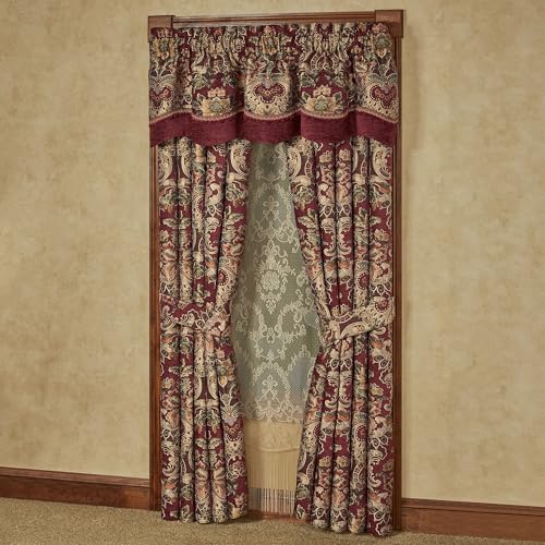 Tosca Chateau Traditional Luxury Window Treatment | Warm, Soft Burgundy Red Chenille | Colorful Woven Classic Jacobean Florals | Lined Window Drapery Set Includes Scalloped Valance & 84L Curtain Pair