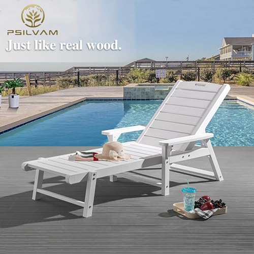 Image of Psilvam Chaise Lounge, Lounge Chair with Adjustable Backrest, Supports Up to 350 lbs, All Weather Recliner Poly Lumber Lounges Bed for Poolside, Porch, Patio