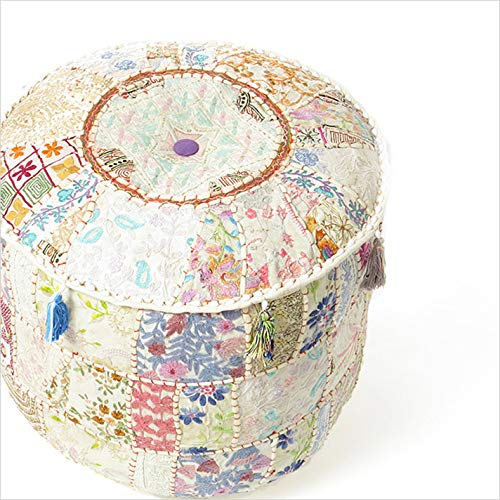 Eyes of India - 22 X 12 White Patchwork Round Pouf Pouffe Ottoman Cover Floor Seating Bohemian Accent Boho Chic Indian Handmade