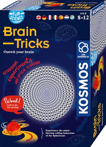 KOSMOS 617530 Fun Science Brain Tricks, mehrsprachige Anleitung, Experimente mit optischen Täuschungen und Illusionen mit 3D-Brille, Sphericon, Schiefer Raum, Experimentier-Set für Kinder ab 8 Jahre