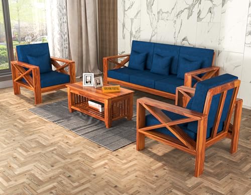 Image of Sheesham Wooden 5 Seater Sofa for Living Room | Rosewood 5 Seater Cushion Sofa X-Legs | Solid Wood Sofa Set for Lounge (3+1+1,Honey Finish)