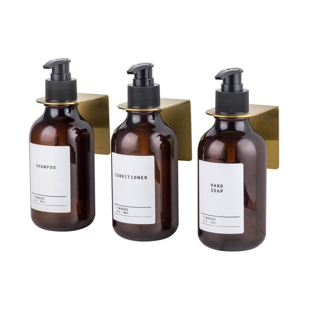 7moodsWall-Mounted Shampoo Soap Dispenser Set for bathroom Wall - 3 Refillable Amber Bottles with Pump - 3 Drill-Free Holders - 6 Waterproof Labels - Bathroom accessories Shower Organizer | (gold)