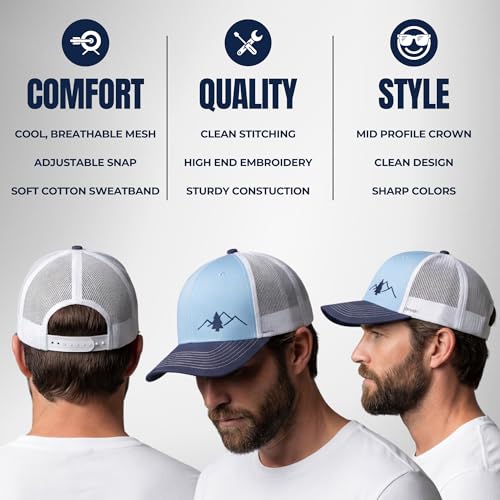 Image of LINDO Trucker Hat [ Great Outdoors Design ] for Men and Women: Mid Profile Cap with Breathable Mesh Back and Adjustable Snap