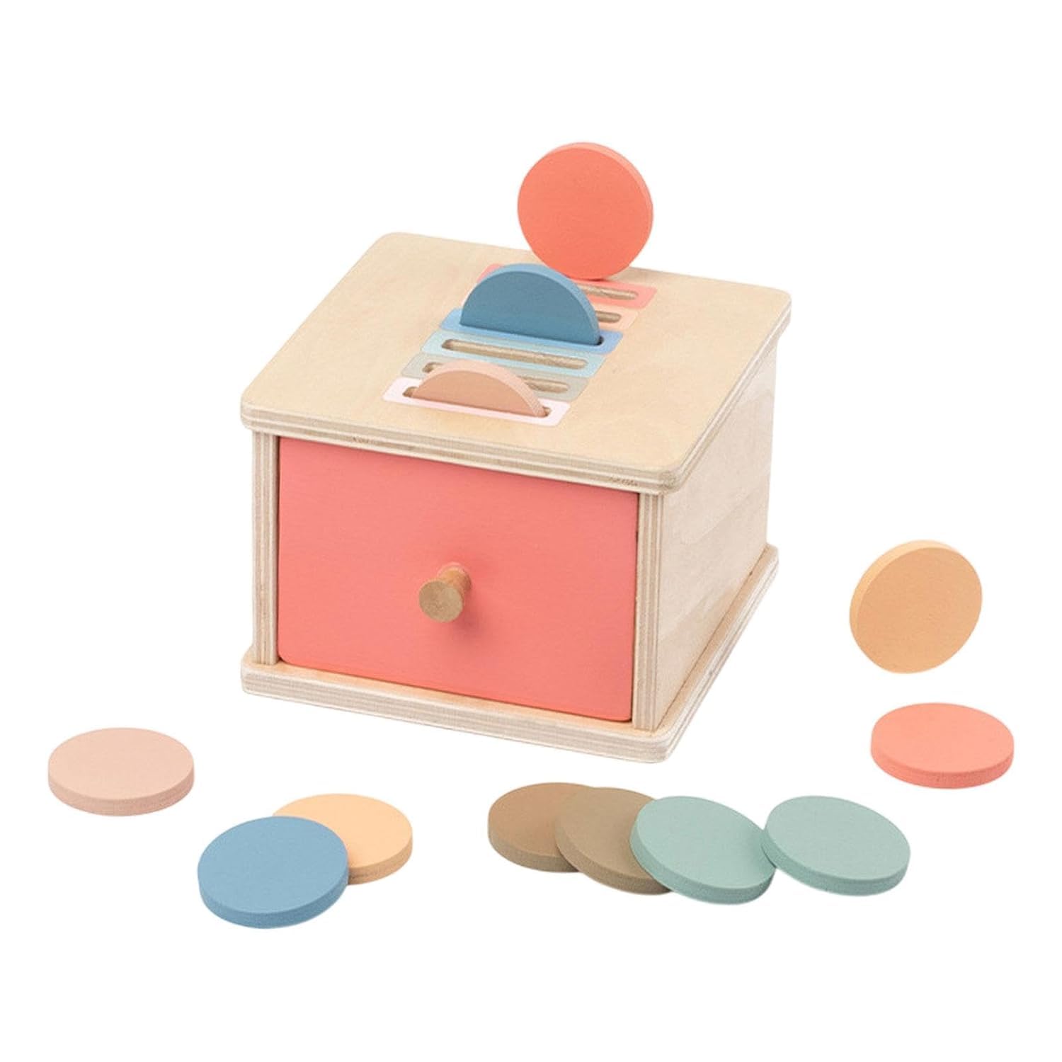 Heather Henbury Wooden Montessori Coin Box with Drawer, Pastel Colours, Shape Sorter Toy for Toddlers, 11x11x8cm
