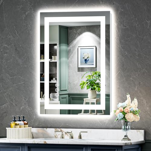 Image of 24x32 Inch LED Bathroom Mirror with Lights Front and Backlit Lighted Vanity Mirror for Bathroom Wall with 3 Colors Dimmable Anti-Fog Memory Shatter-Proof IP54 Waterproof Horizontal /Vertical