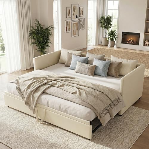 DAHUEN Schlafsofa 90/180x200 cm, 2 Sitzer Sofa mit Schlaffunktion, Bett Ausziehbar zum Doppelbett, Tagesbett Ausziehbar, Ausklappbares Sofa, Ausziehbett, schlafcouch, Samt, Ohne Matratze (Beige)