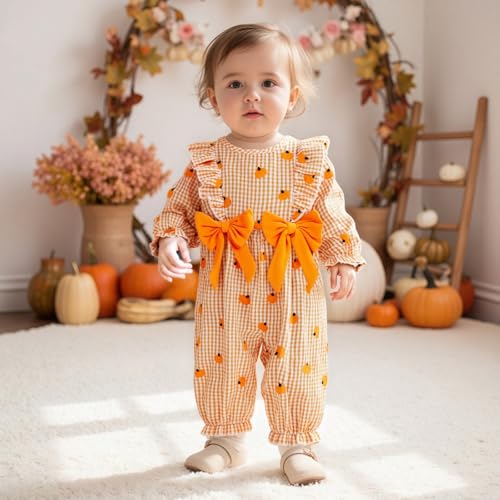 Baby Girl Halloween Clothes Smocked Bubble Romper Pumpkin Embiordery Long Sleeve Striped Plaid Jumpsuit Fall Outfit2