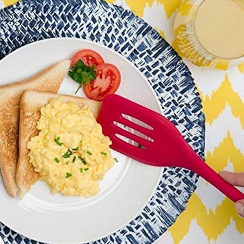 Image of DecorTwist Silicone Turner Spatula | Heat Resistant Kitchen Utensils for Cooking, Baking | BPA-Free, Food Grade Wooden Handle Nonstick Flipper for Fish, Eggs, Omelets (8X 0.2X 32cm,91g) Red
