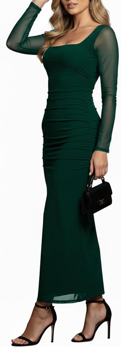 Narecte Womens Formal Dresses Mesh Ruched Maxi Dress Square Neck Long Sleeve Bodycon Fall Wedding Guest Cocktail Dress - Image 2