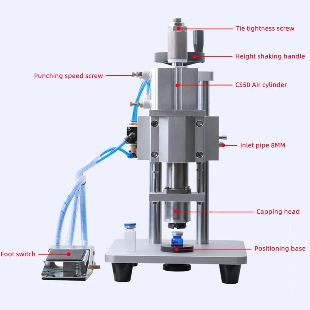 Máquina taponadora para viales de vidrio, neumática semiautomática con altura ajustable e interruptor de pie, ideal para tapas de aluminio y plástico