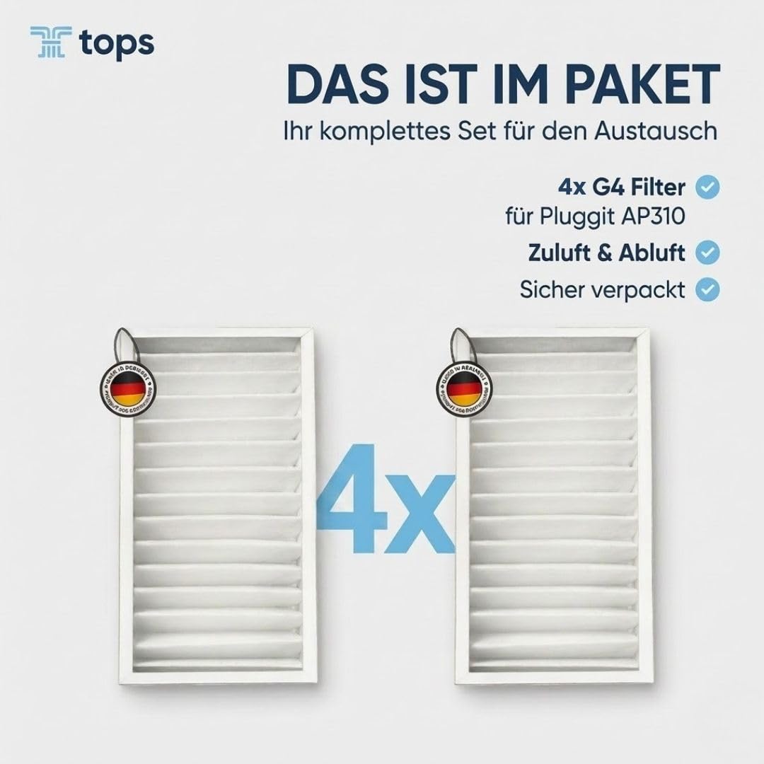 Tops Filter Für Pluggit AP310 | 4x Pluggit Filter G4 | Pluggit Filter AP310 | Ersetzt Original Pluggit APFG4-310 | KWL Lüftungsanlage | Filter | 4x G4 Filter 159x412x46 mm